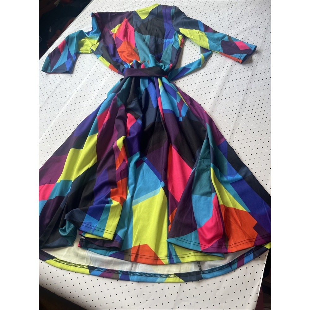Colorblock Geometric Fit Flare Midi Dress Tie Waist Neon Abstract Retro M - Picture 8 of 11